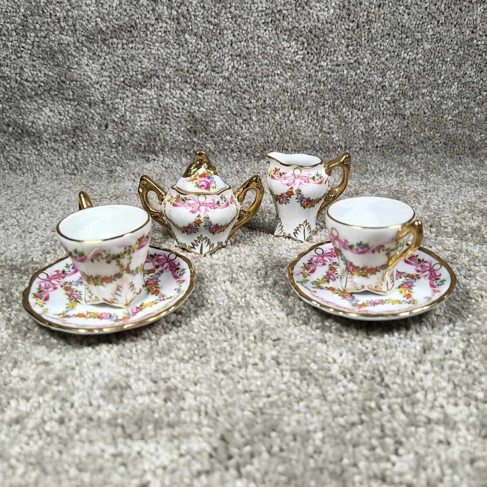 Burton & Burton Miniature Tea Set White Floral Pink Ribbon Gold Trim 6pc